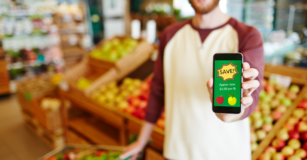 A customer's phone recognizes that it is at the grocery store & is showing a personalized ad.
