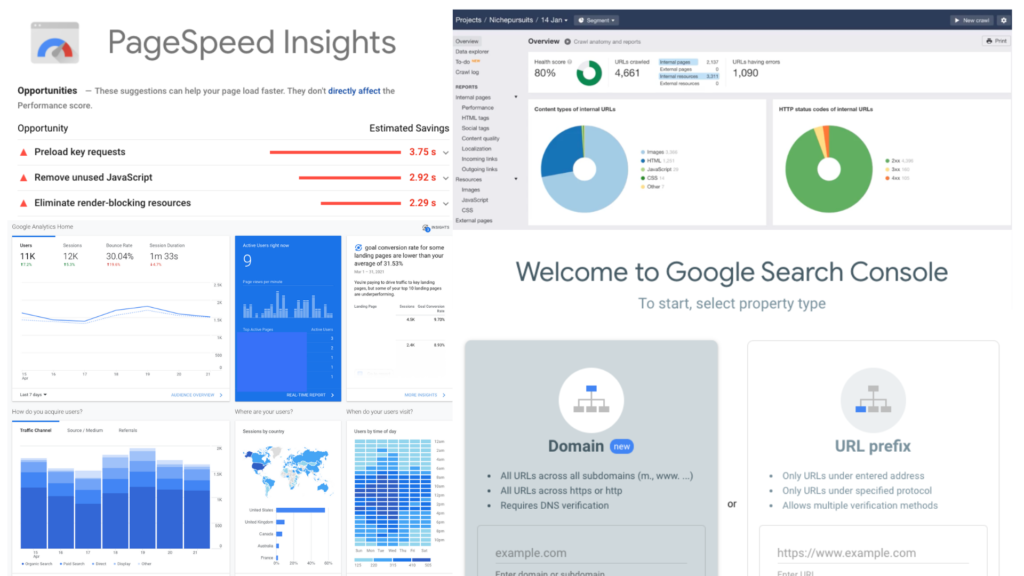 Google Analytics, Google Search Console, and other website audit tools.