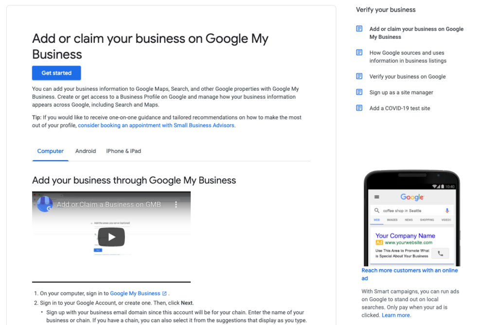 Screenshot of Google My Business page.