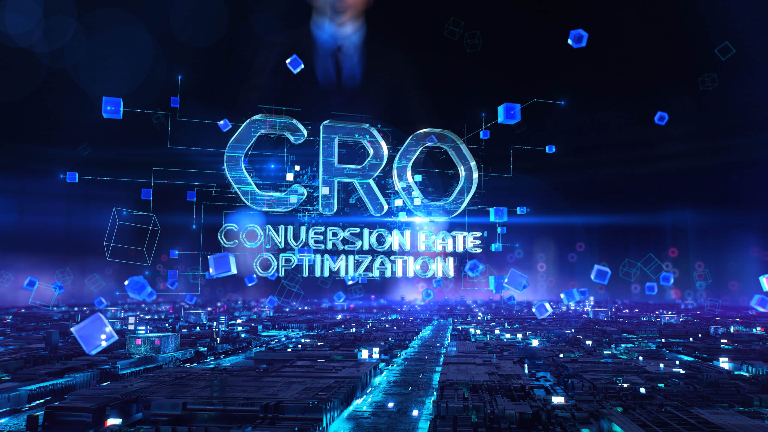 AI conversion rate optimization concept with digital cubes and glowing tech graphics