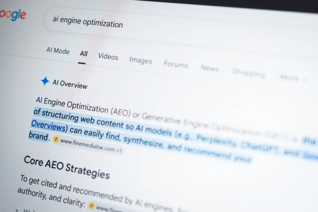 Computer view of AI engine optimization in Google search engine.